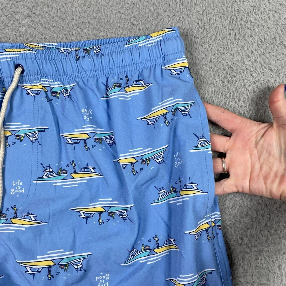 Life Is Good Swim Trunks Mens Large Blue Fishing Boat Board Shorts